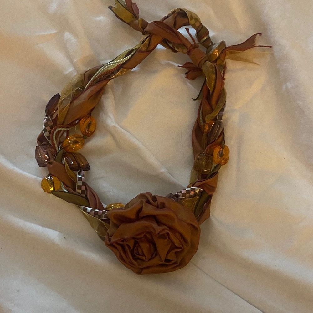 Boho Brown and Gold Braided Necklace with Rose Detail